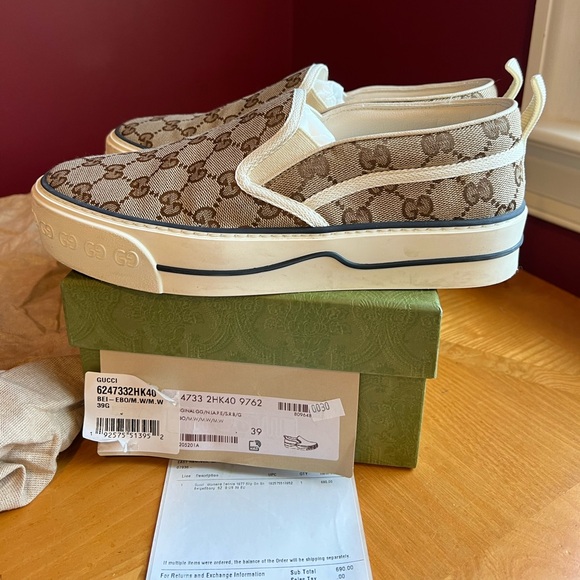 Gucci Tennis 1977 GG Supreme Logo Canvas Flat Slip On Sneakers Shoes Sz 39 - Picture 5 of 8